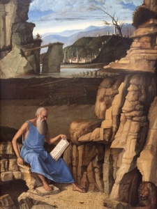 Giovanni Bellini, Saint Jerome Reading in a Landscape, circa 1480-5, my photo taken in National Gallery, London